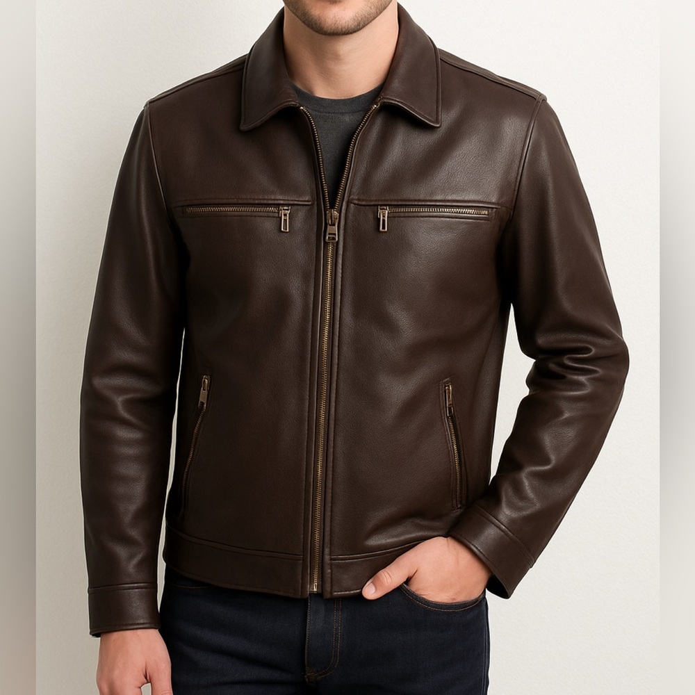 NWOT Vince brown Leather Moto‎ Jacket 100% Lambskin Men’s size Small